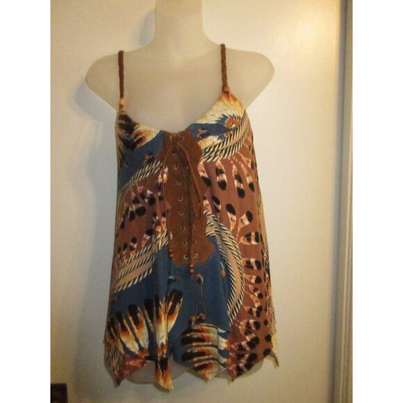 Sky Clothing Brand XS Top Handkerchief Suede Leather Printed Feathers FLAWED - Picture 2 of 6